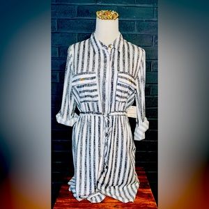 NWT Passport Linen Grey Striped, Cinch-Waist Dress, Button-Sleeve Dress Size L